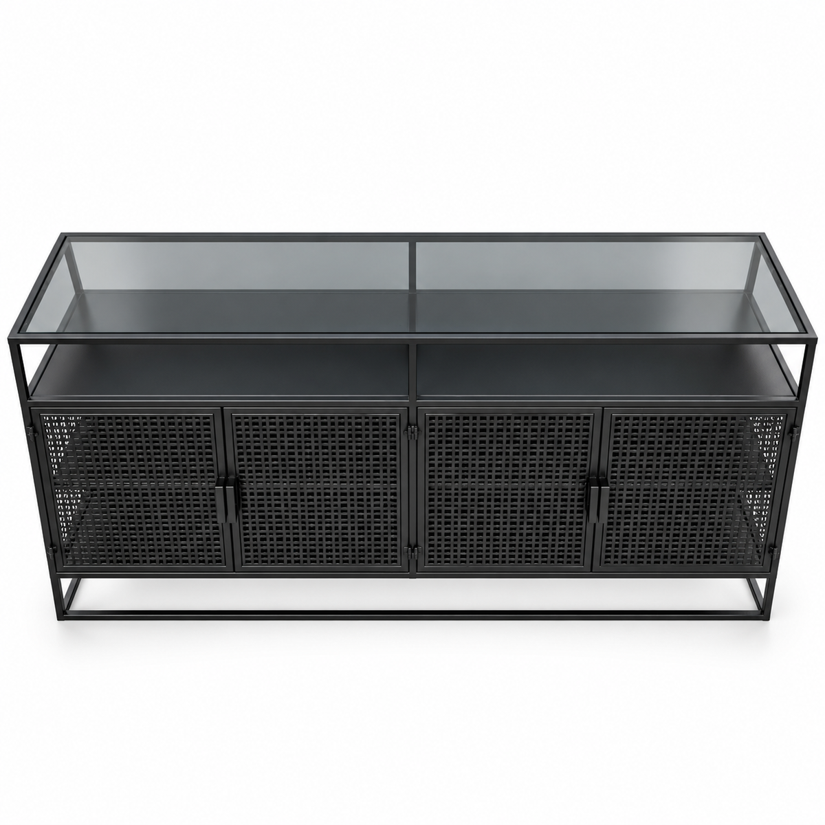 Aster Industrial 4-Door Metal Sideboard with Smoked Glass Top – 160 cm – Black