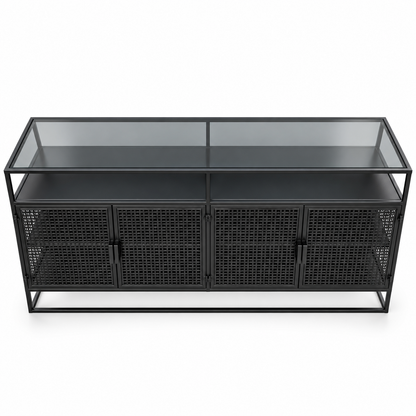 Aster Industrial 4-Door Metal Sideboard with Smoked Glass Top – 160 cm – Black