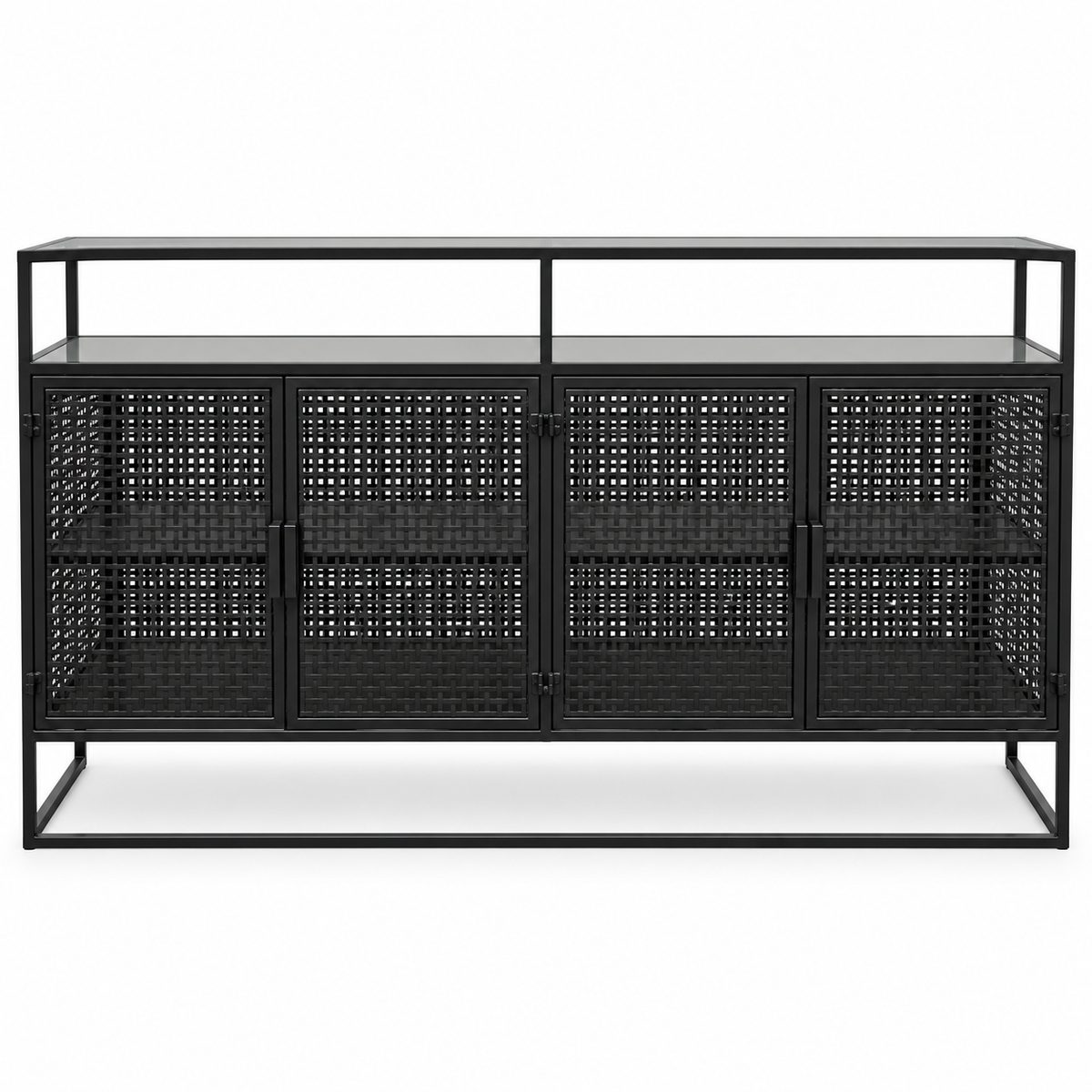Aster Industrial 4-Door Metal Sideboard with Smoked Glass Top – 160 cm – Black
