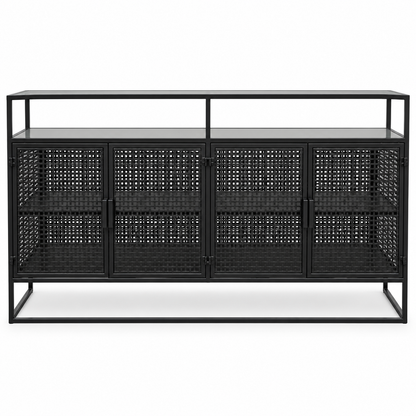 Aster Industrial 4-Door Metal Sideboard with Smoked Glass Top – 160 cm – Black