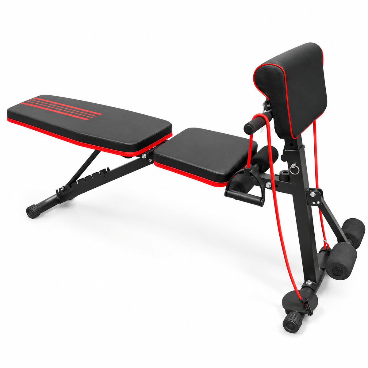 Adjustable Multi-Function Home Gym Workout Bench with Resistance Bands – Black & Red