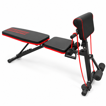 Adjustable Multi-Function Home Gym Workout Bench with Resistance Bands – Black & Red