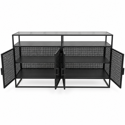 Aster Industrial 4-Door Metal Sideboard with Smoked Glass Top – 160 cm – Black