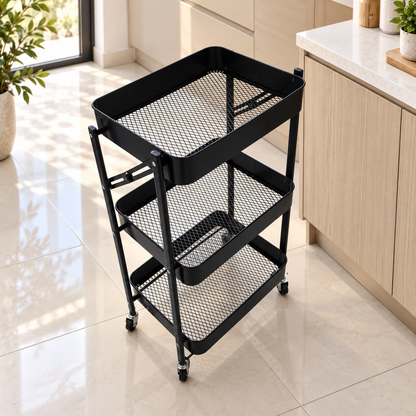 IKEA 3-Tier Metal Mesh Storage Trolley with Wheels – Matte Black