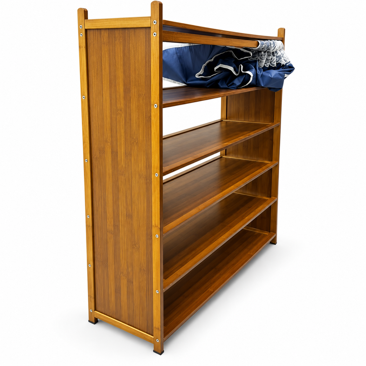 5-Tier Wooden Shoe Cabinet with Navy Blue Lace Curtain – Natural Brown