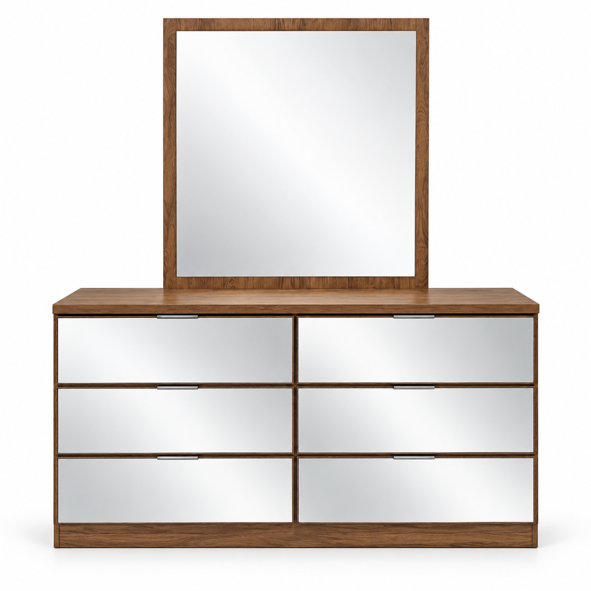 Home Centre Octon King Bedroom Set with Mattress, 2 Nightstands, 6-Drawer Dresser & Mirror – 180 × 200 cm – Walnut