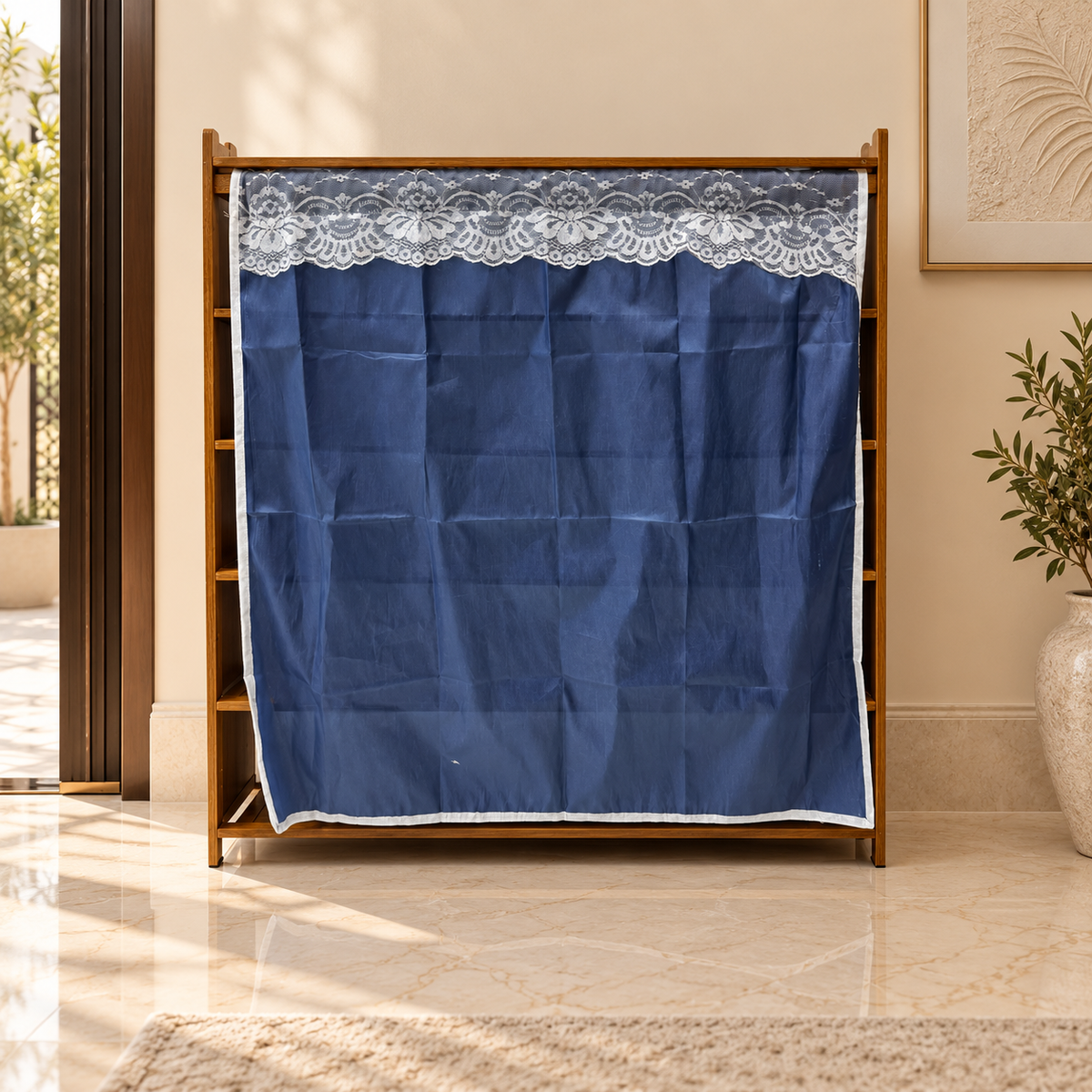 5-Tier Wooden Shoe Cabinet with Navy Blue Lace Curtain – Natural Brown