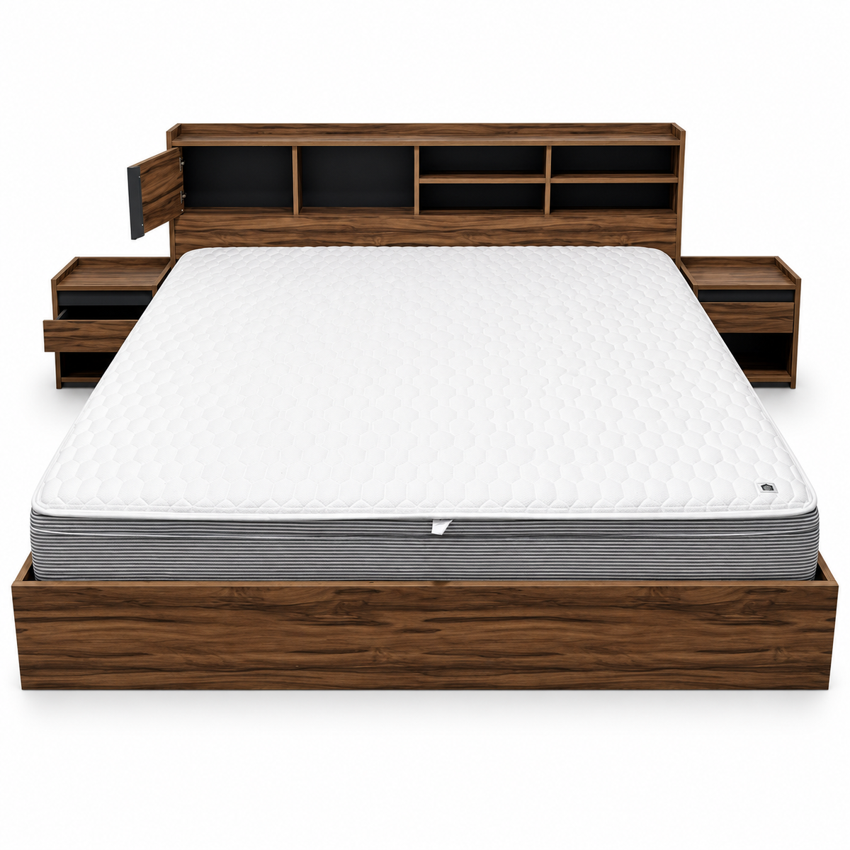 Home Centre Octon King Bedroom Set with Mattress, 2 Nightstands, 6-Drawer Dresser & Mirror – 180 × 200 cm – Walnut