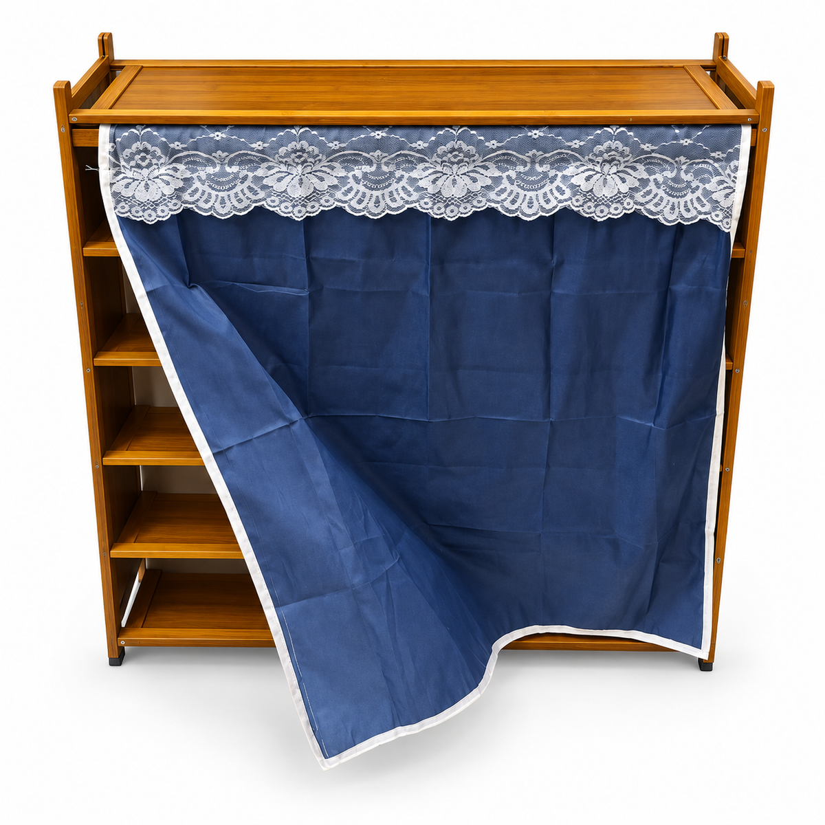5-Tier Wooden Shoe Cabinet with Navy Blue Lace Curtain – Natural Brown