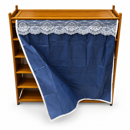 5-Tier Wooden Shoe Cabinet with Navy Blue Lace Curtain – Natural Brown