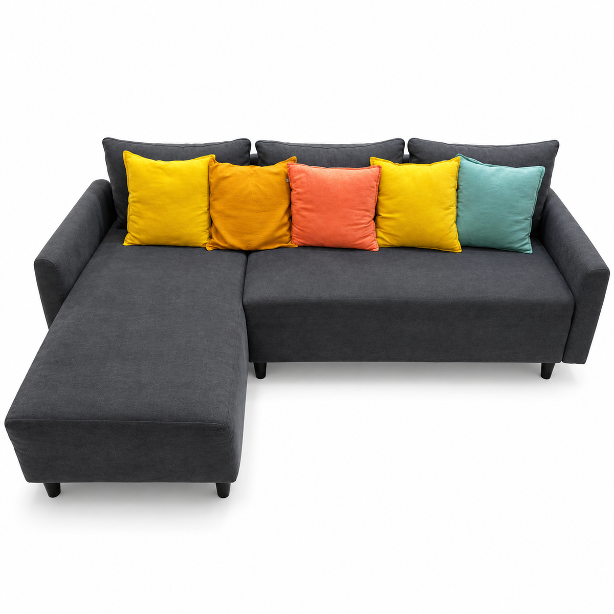 Home Box L-Shaped Corner Sofa with Left Chaise & 5 Colourful Cushions – Charcoal Grey