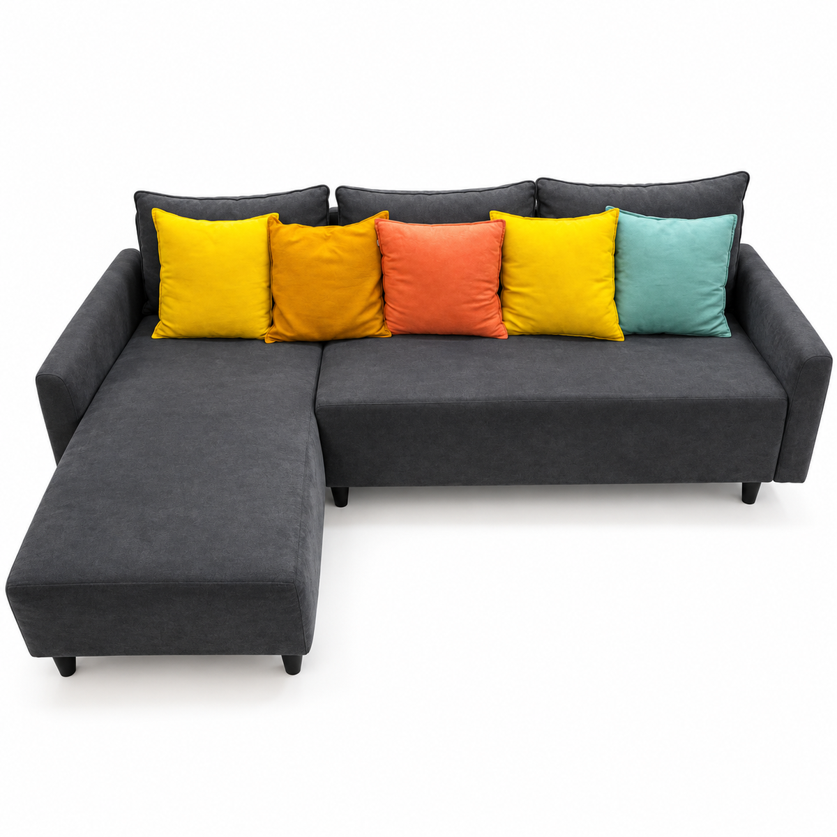 Home Box L-Shaped Corner Sofa with Left Chaise & 5 Colourful Cushions – Charcoal Grey