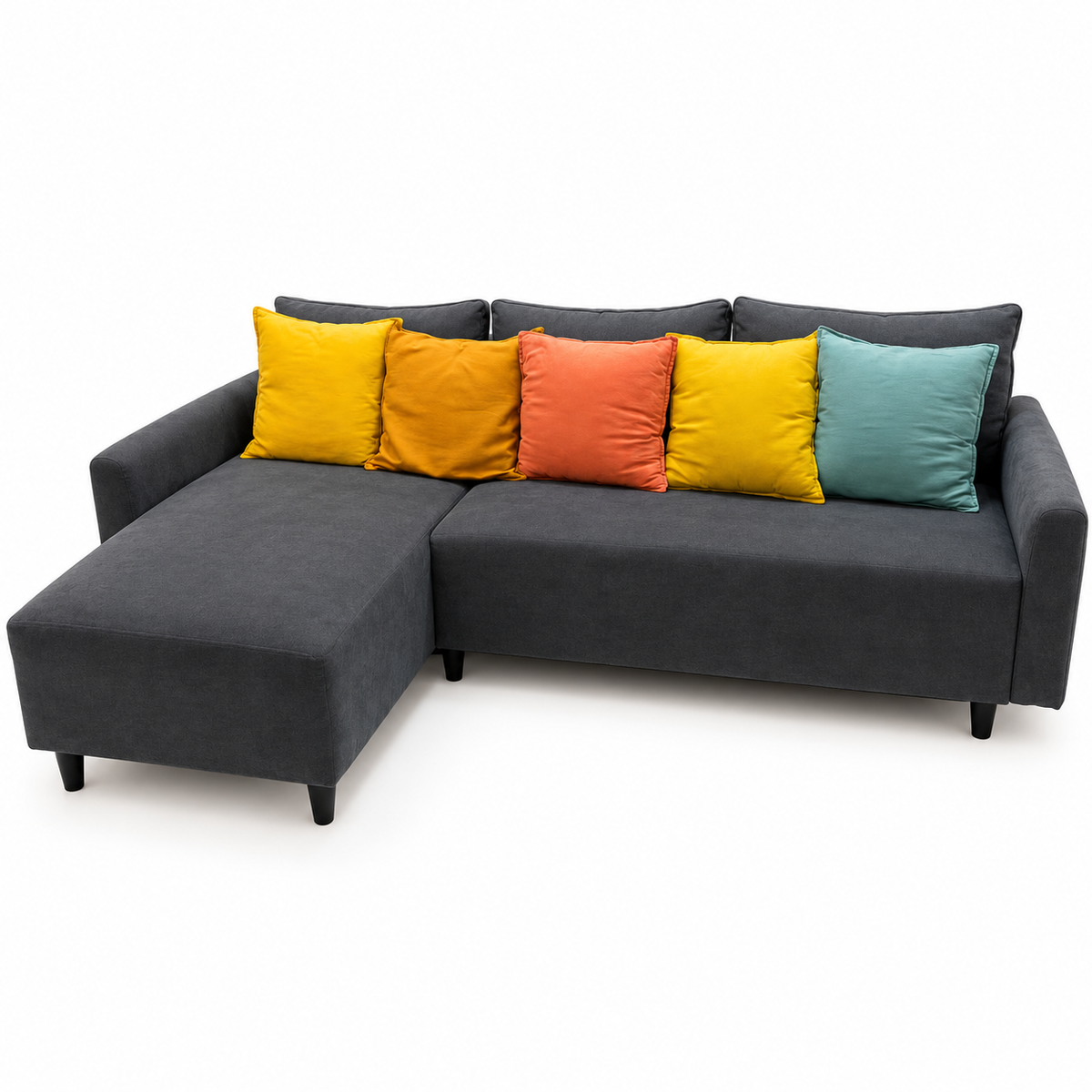 Home Box L-Shaped Corner Sofa with Left Chaise & 5 Colourful Cushions – Charcoal Grey