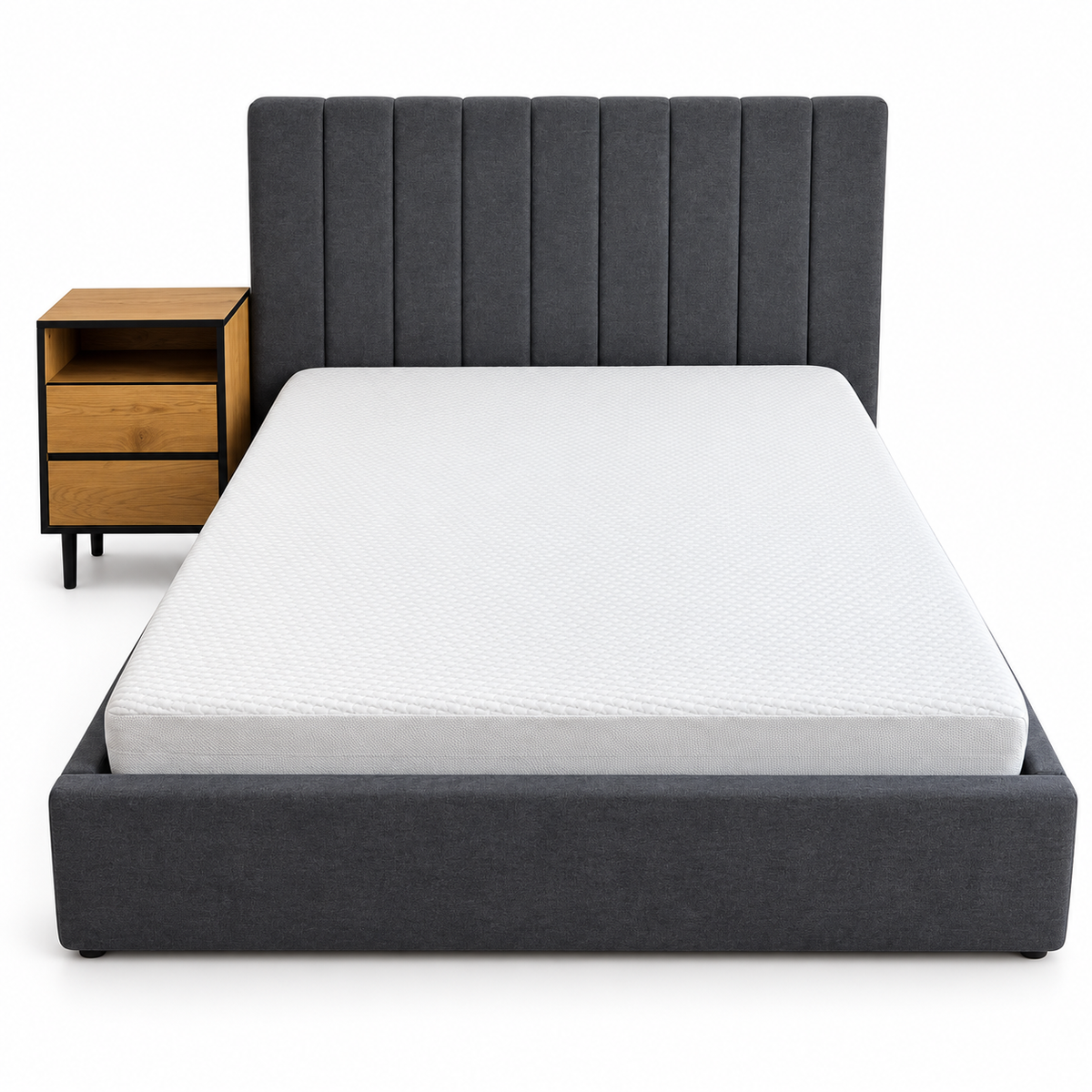 PAN Home Milano 140 × 200 cm Upholstered Bed with Mattress & 2-Drawer Nightstand – Charcoal Grey &amp; Oak