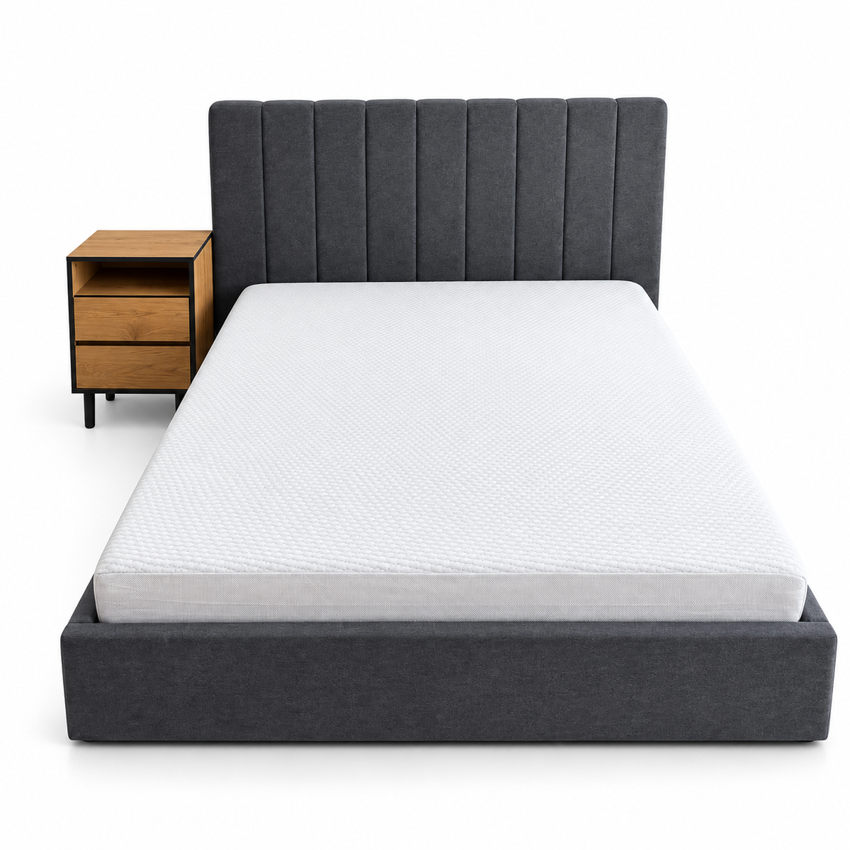 PAN Home Milano 140 × 200 cm Upholstered Bed with Mattress & 2-Drawer Nightstand – Charcoal Grey &amp; Oak