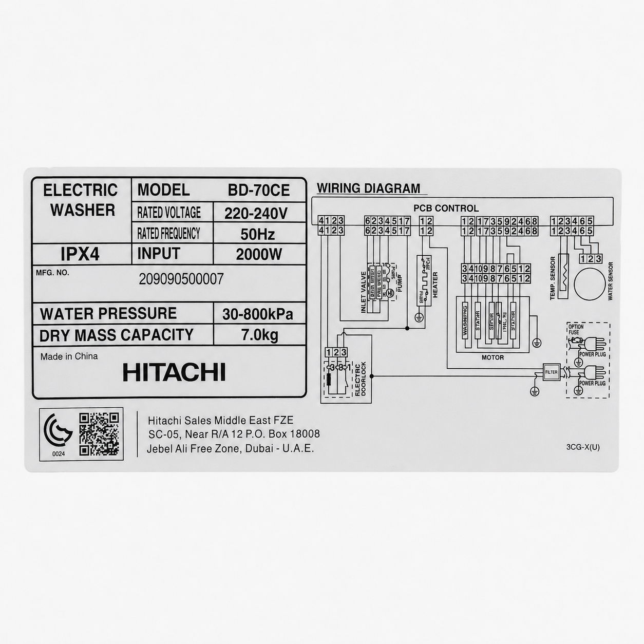 Hitachi BD-70CE 7 kg Front-Load Washing Machine – 1200 RPM