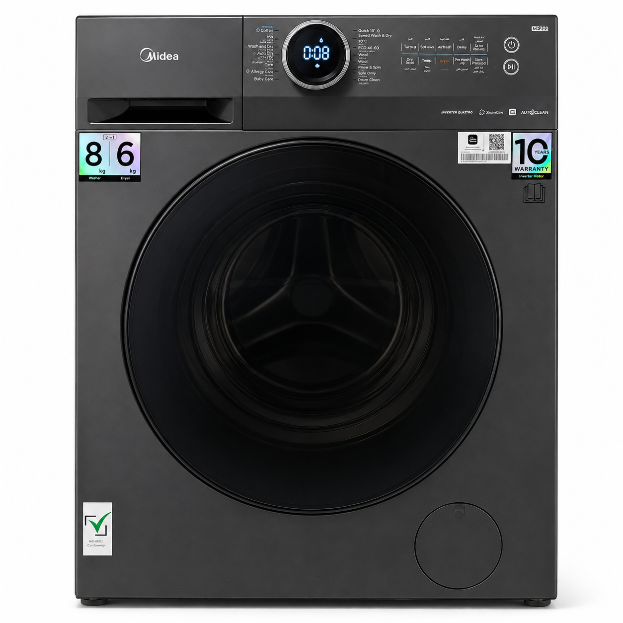 Midea MF200D80WB/T-GCC 8kg Washer & 6kg Dryer Combo | Wi-Fi, Steam Care, Titanium Grey