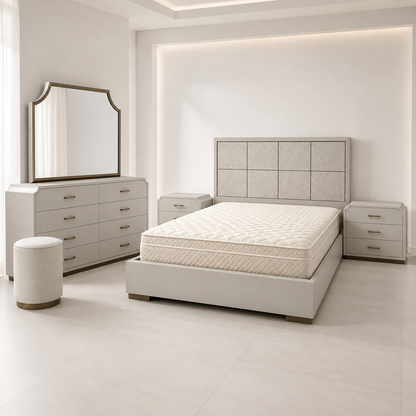 PAN Home 6-Piece King Bedroom Set with Regalia Crown Mattress | Off-White & Champagne, 180x200 cm