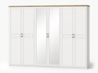 Home Box Glorenza King Bedroom Set with 6-Door Mirrored Wardrobe | Whitewash & Oak, 180x200 cm