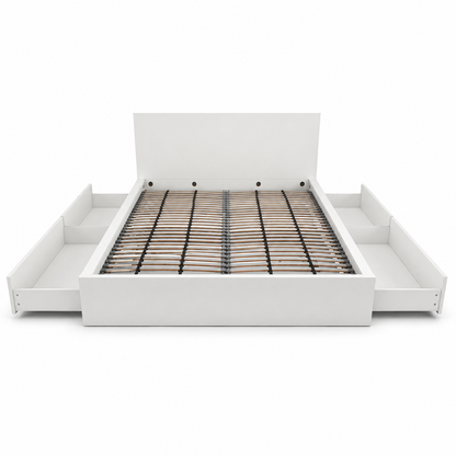 IKEA MALM Queen Bed Frame with Mattress & 4 Under-Bed Storage Boxes | White, 160x200 cm