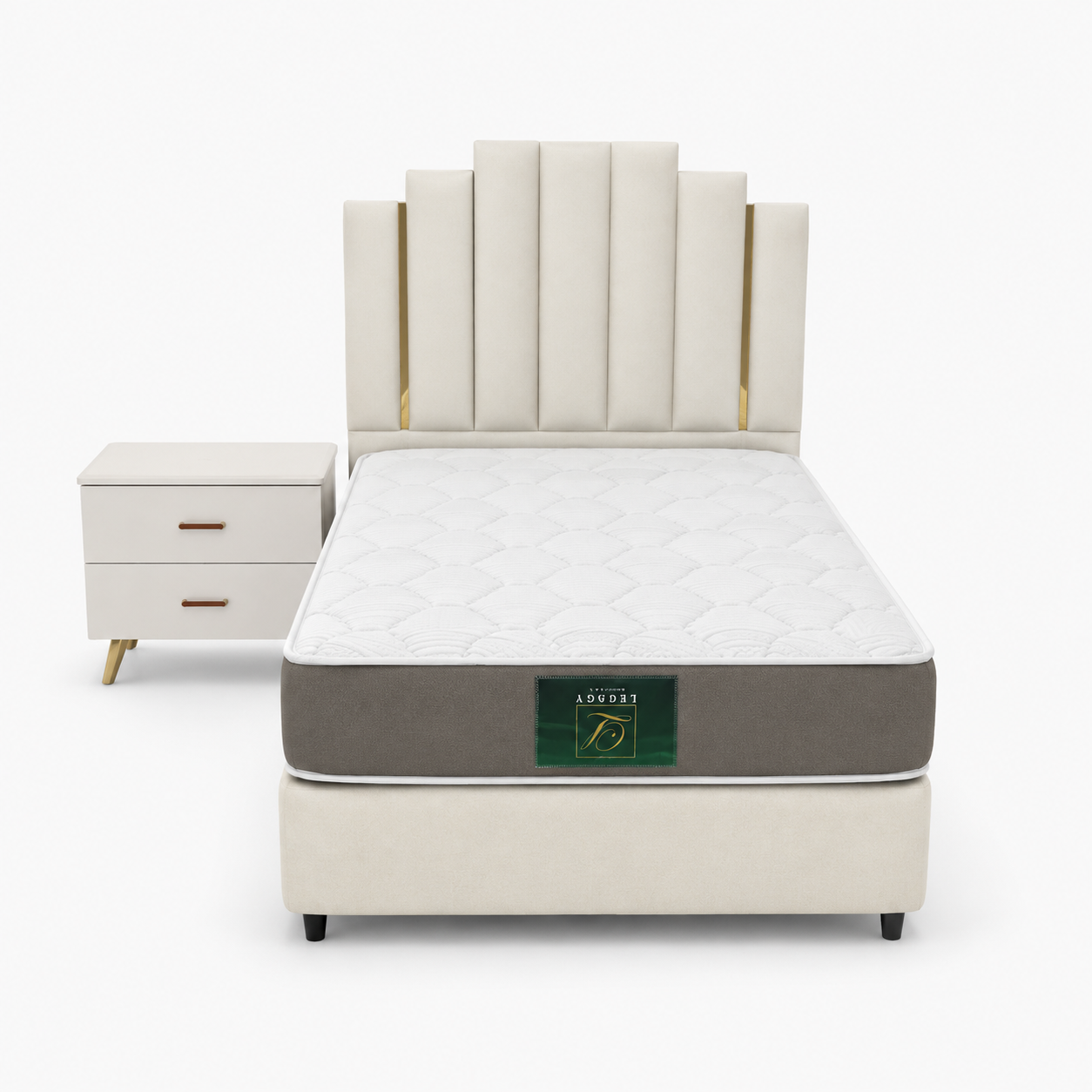 American-Style Upholstered Single Bed Set with Legacy Mattress & Side Table | Cream, 120x200 cm