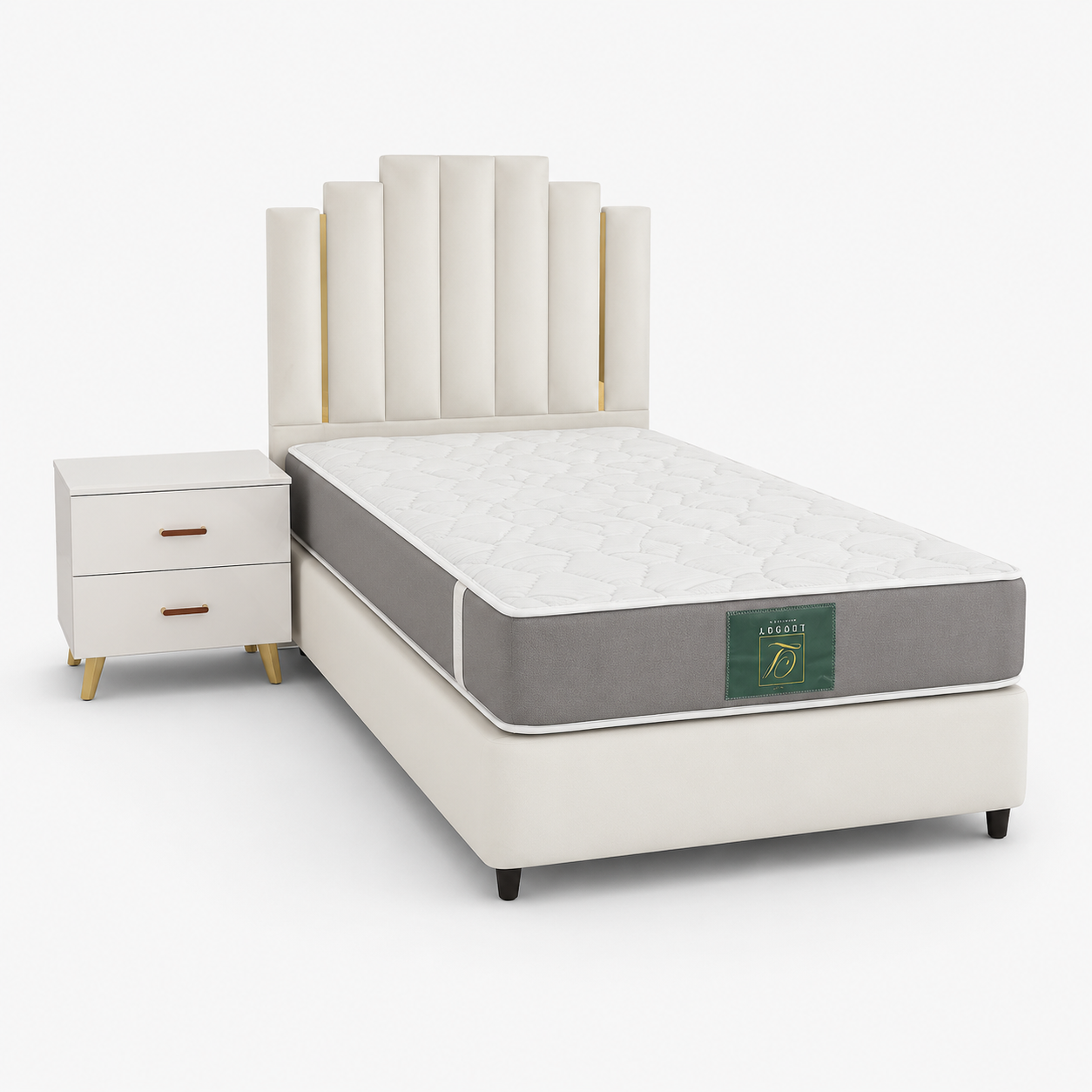 American-Style Upholstered Single Bed Set with Legacy Mattress & Side Table | Cream, 120x200 cm