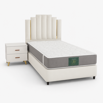 American-Style Upholstered Single Bed Set with Legacy Mattress & Side Table | Cream, 120x200 cm