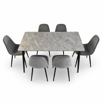 PAN Home 6-Seater Grey Marble-Look Dining Set with Upholstered Chairs