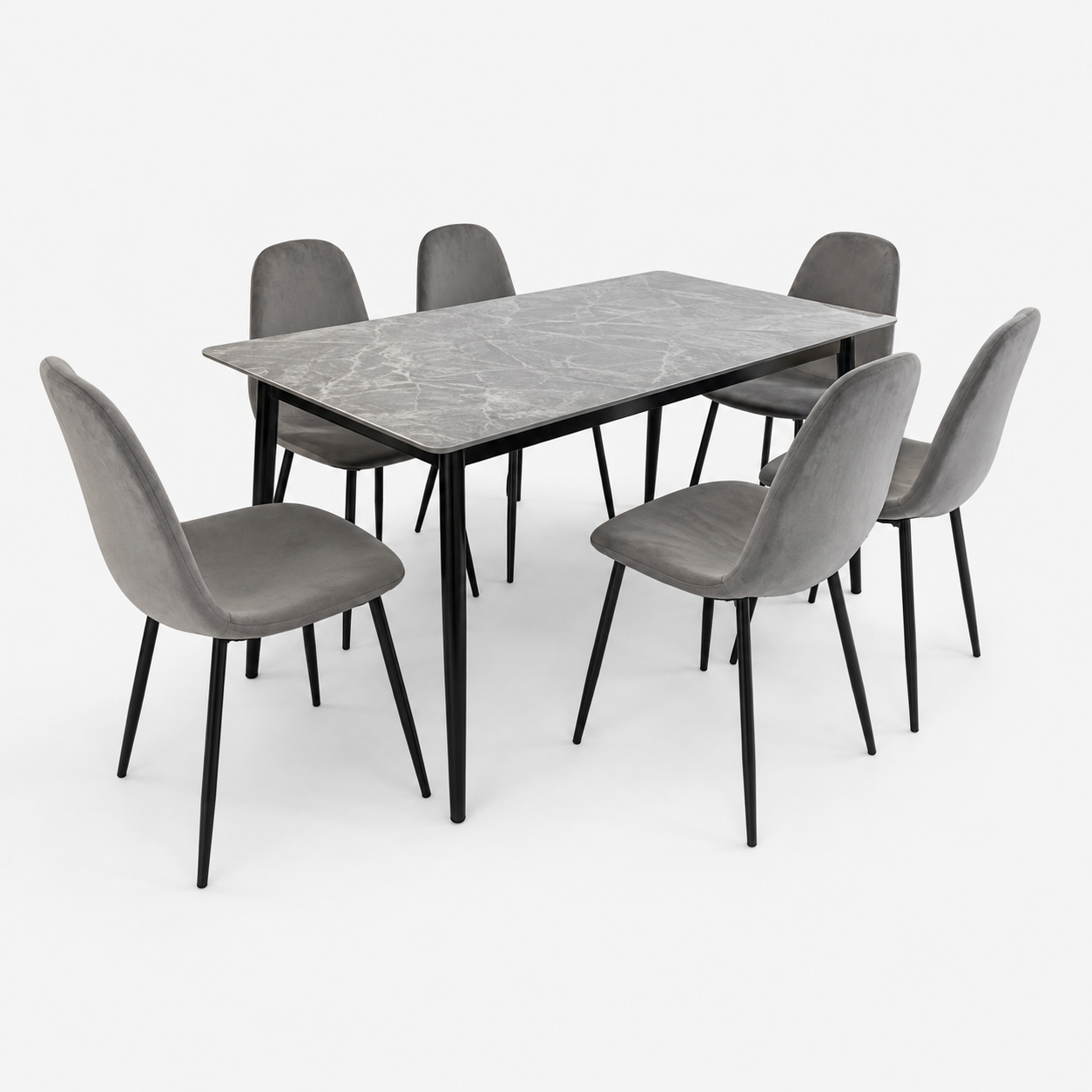 PAN Home 6-Seater Grey Marble-Look Dining Set with Upholstered Chairs