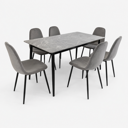PAN Home 6-Seater Grey Marble-Look Dining Set with Upholstered Chairs