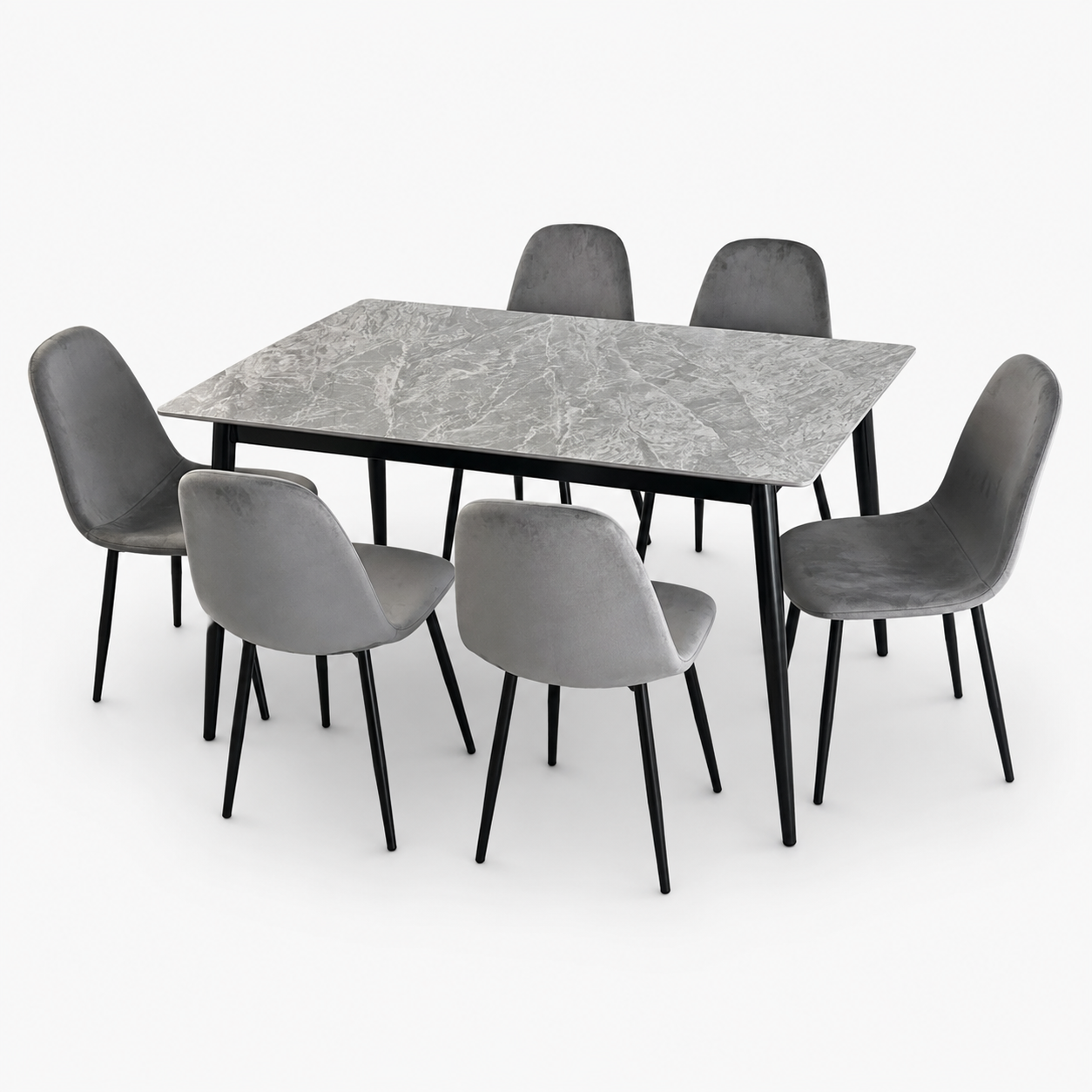 PAN Home 6-Seater Grey Marble-Look Dining Set with Upholstered Chairs
