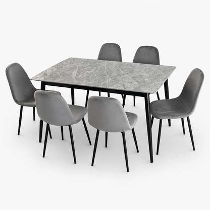 PAN Home 6-Seater Grey Marble-Look Dining Set with Upholstered Chairs
