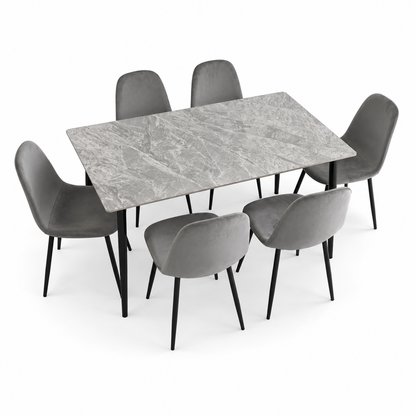 PAN Home 6-Seater Grey Marble-Look Dining Set with Upholstered Chairs
