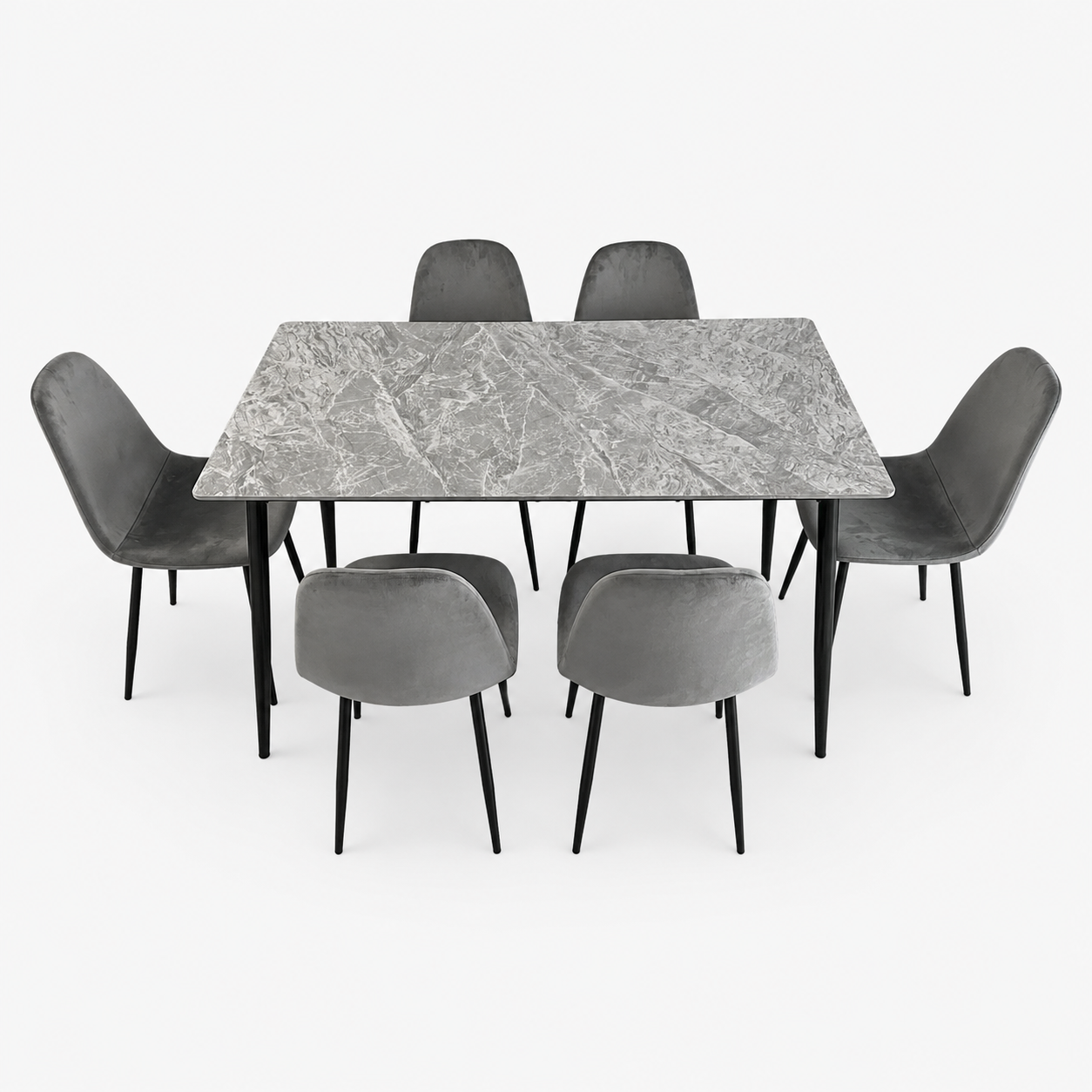 PAN Home 6-Seater Grey Marble-Look Dining Set with Upholstered Chairs
