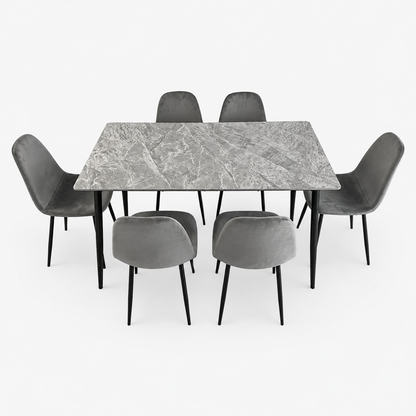 PAN Home 6-Seater Grey Marble-Look Dining Set with Upholstered Chairs