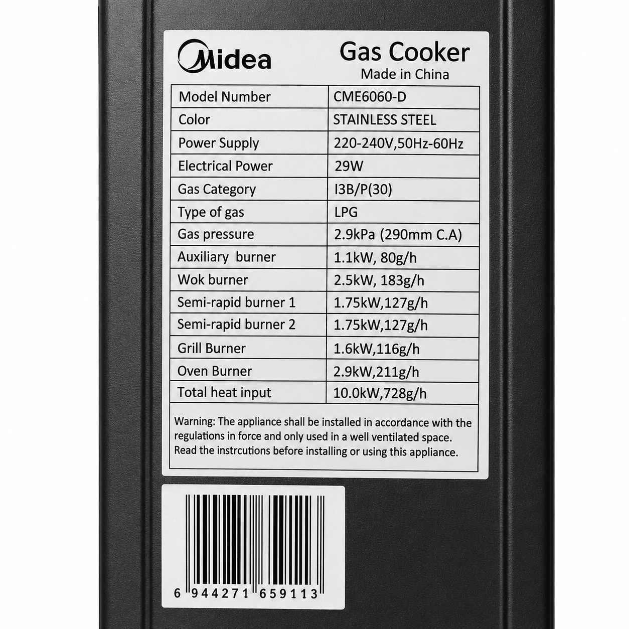 Midea CME6060-D 4-Burner Gas Cooker with Oven & Grill – Stainless Steel – 60 × 60 cm