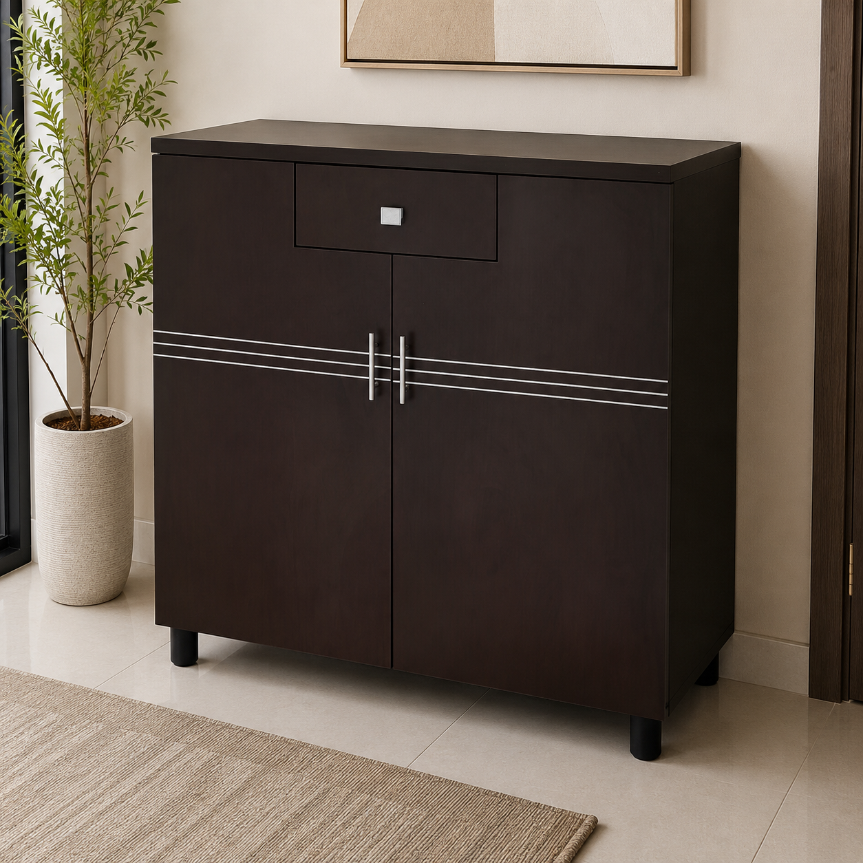 Home Box 2-Door Shoe Cabinet with Drawer – Dark Brown – 90 × 32 × 106 cm