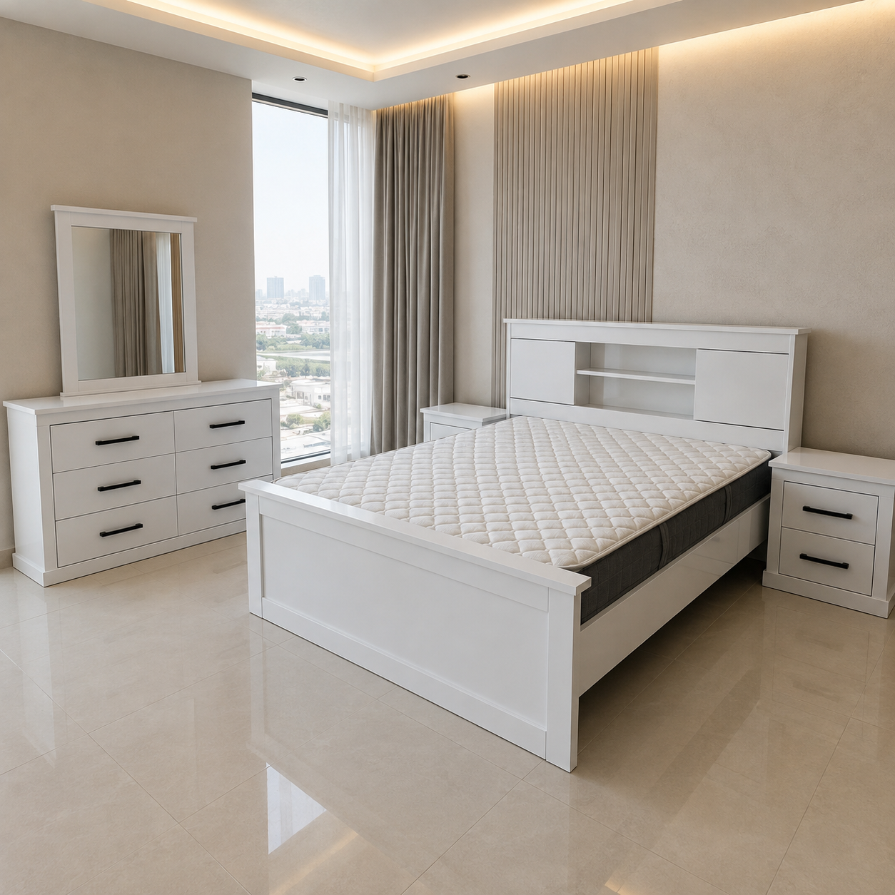 Home Box 5-Piece King Bedroom Set with Storage Headboard &amp; Mattress – White – 180 × 200 cm