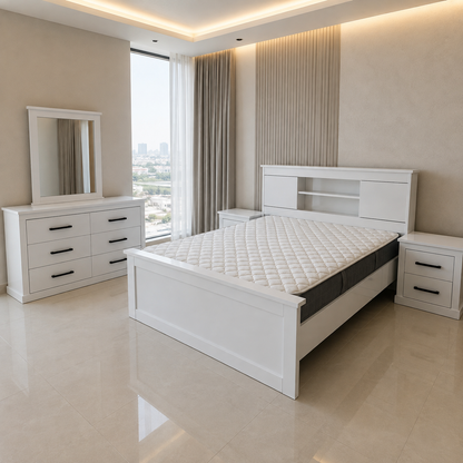 Home Box 5-Piece King Bedroom Set with Storage Headboard &amp; Mattress – White – 180 × 200 cm
