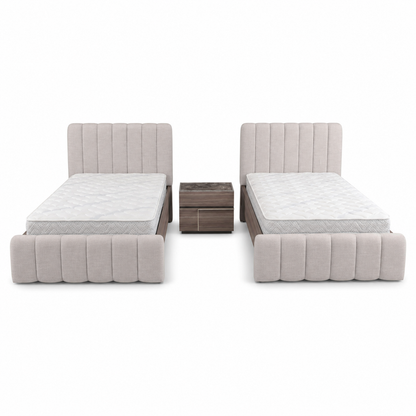 Home Centre Warner 2-Single-Bed Bedroom Set with 2 Prime Relax Mattresses, Nightstand & Dresser – 120 × 200 cm