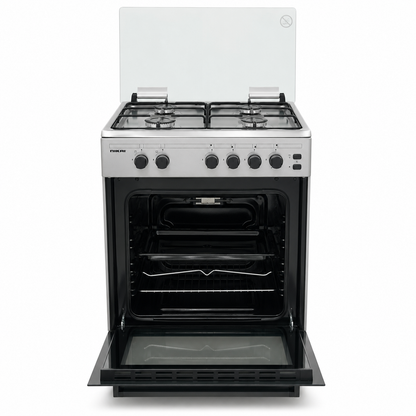 Nikai U6062FS 4-Burner Gas Cooker with Oven &amp; Grill – 60 × 57 cm – Silver