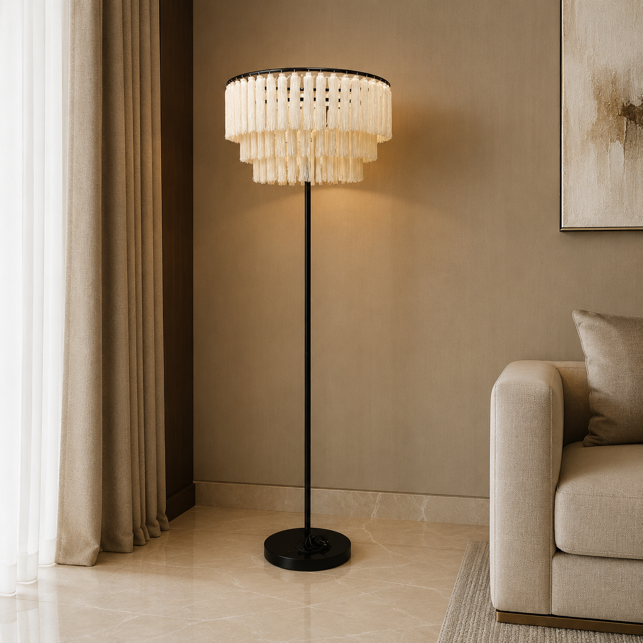 Home Centre Kugers Tassels Floor Lamp – 166 cm – Black &amp; Ivory