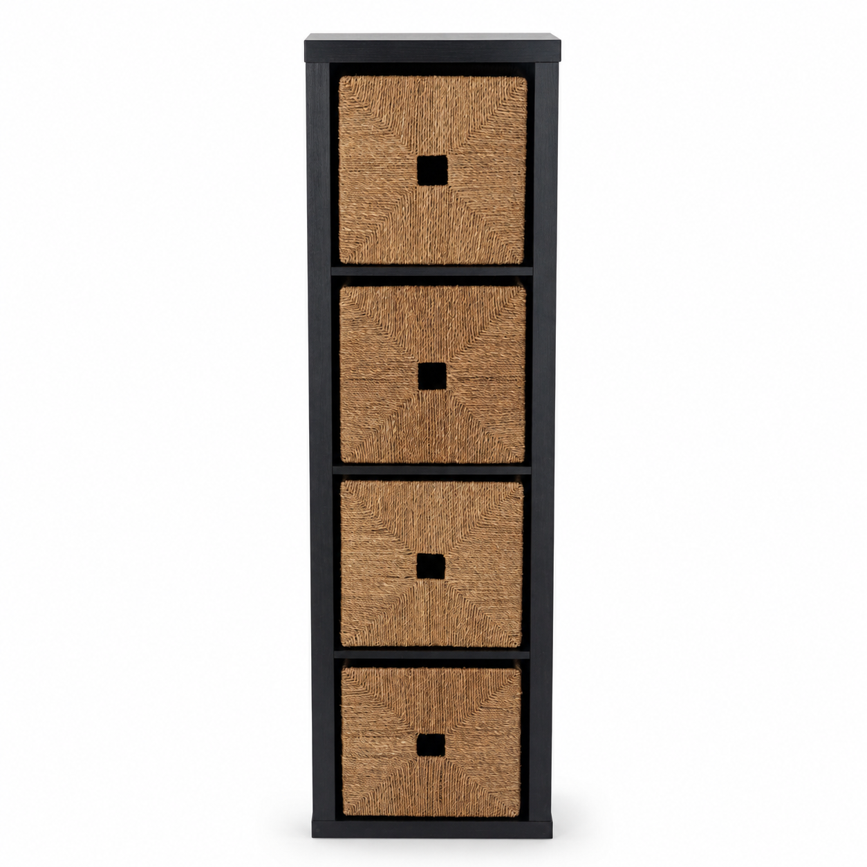 IKEA KALLAX 4-Compartment Shelving Unit with 4 Woven Storage Baskets – Black-Brown