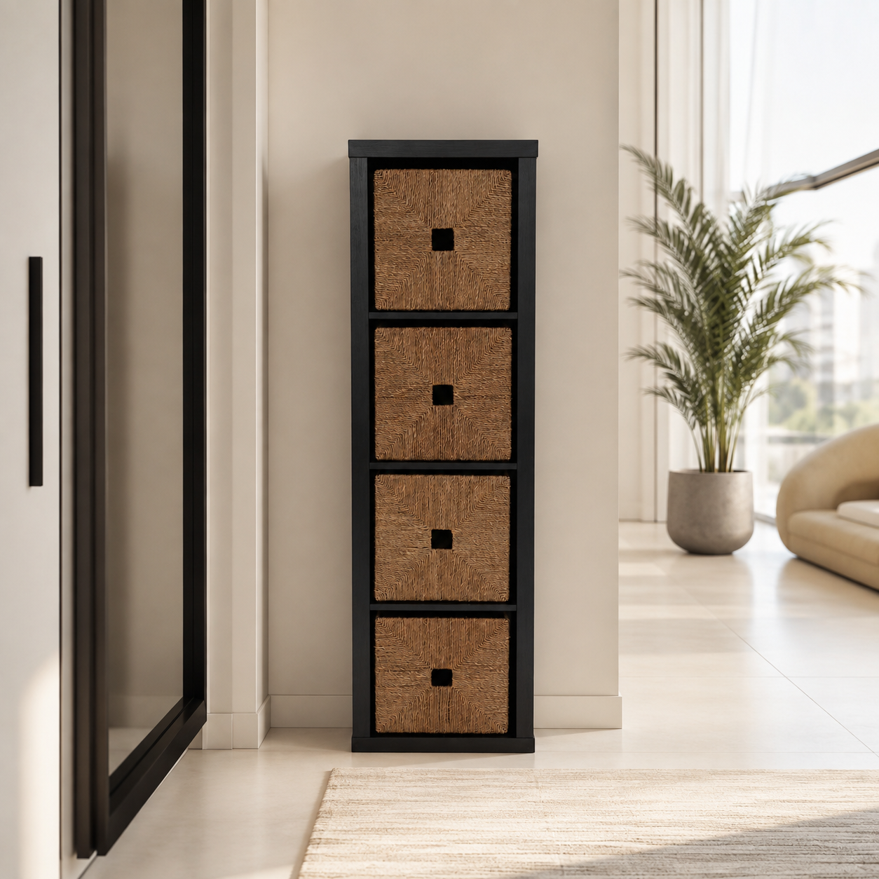 IKEA KALLAX 4-Compartment Shelving Unit with 4 Woven Storage Baskets – Black-Brown