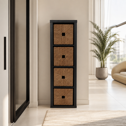 IKEA KALLAX 4-Compartment Shelving Unit with 4 Woven Storage Baskets – Black-Brown