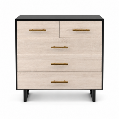 Home Centre Modern 5-Drawer Chest of Drawers – Light Oak, Black &amp; Gold