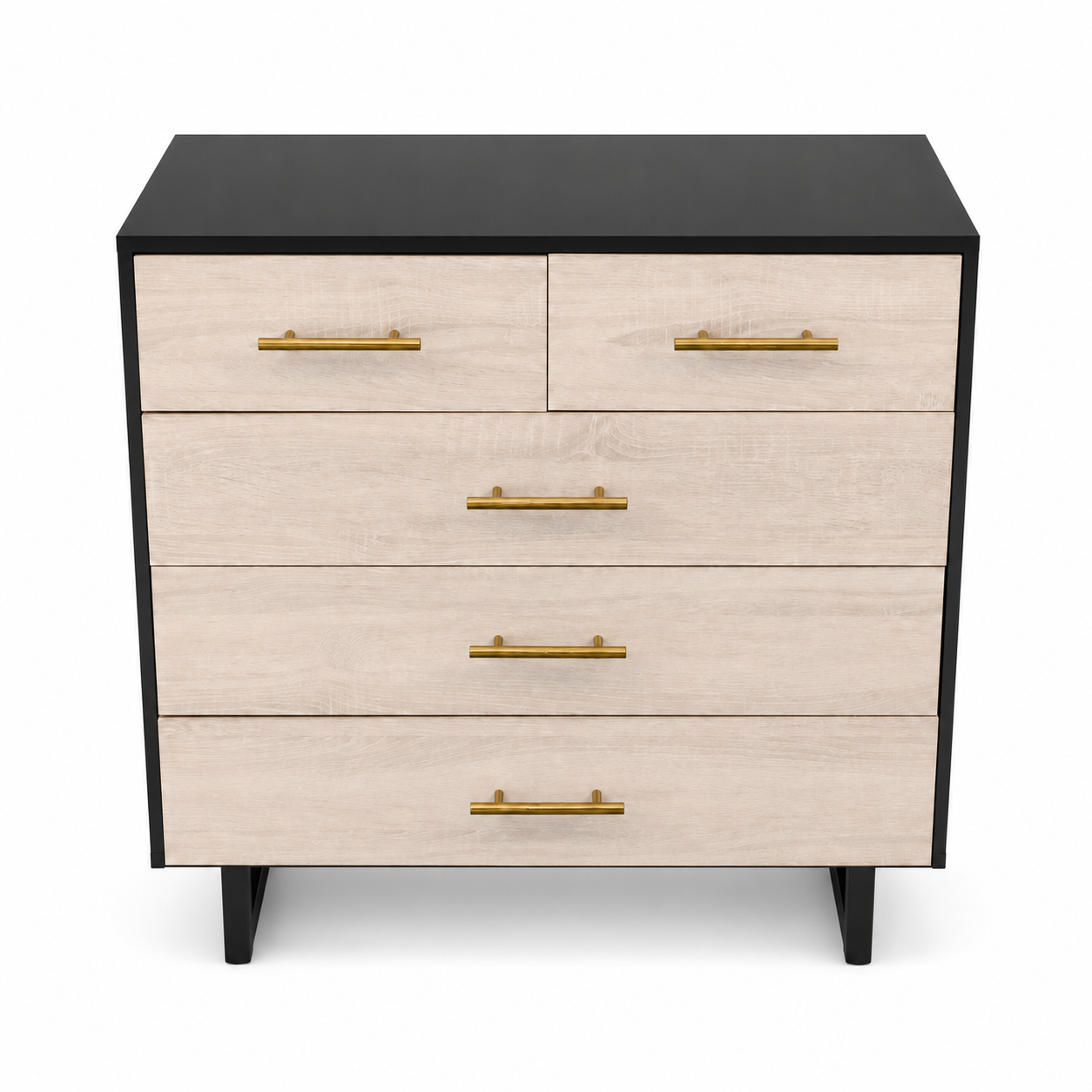 Home Centre Modern 5-Drawer Chest of Drawers – Light Oak, Black &amp; Gold