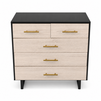 Home Centre Modern 5-Drawer Chest of Drawers – Light Oak, Black &amp; Gold