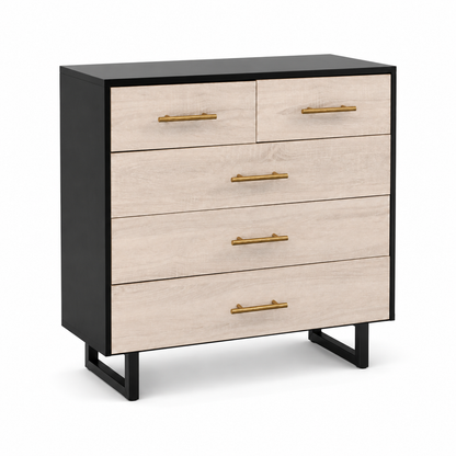 Home Centre Modern 5-Drawer Chest of Drawers – Light Oak, Black &amp; Gold