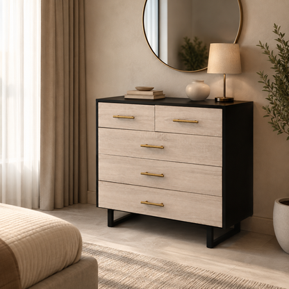 Home Centre Modern 5-Drawer Chest of Drawers – Light Oak, Black &amp; Gold